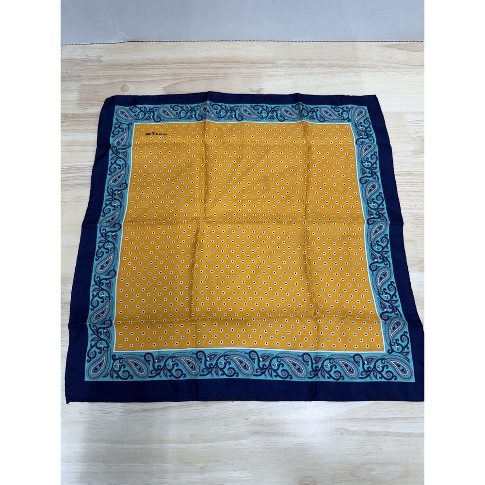 Kiton Napoli 100% Silk Orange Blue Geometric Pocket Square Handkerchief Italy